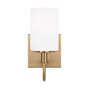 Oak Moore 1-Light Satin Brass Wall Sconce with Etched/White Glass Shade