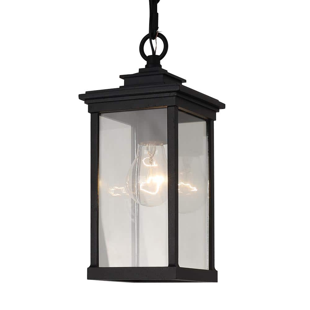 11.7 in. 1-Light Black Dimmable Outdoor Pendant Light with Clear Glass ...