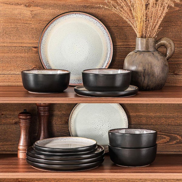 vancasso Series Amber 12-Piece Yellow and Black Stoneware