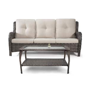 2-Piece Brown Wicker Patio Conversation Set, Sofa Set and Coffee Table with Beige Cushions
