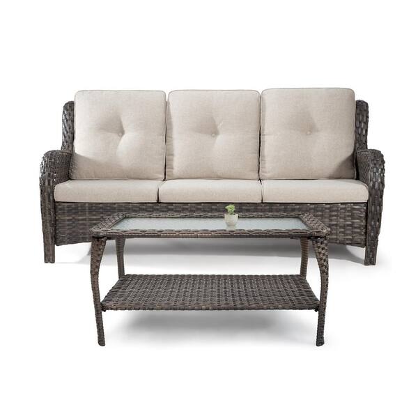 Sudzendf 2-Piece Brown Wicker Patio Conversation Set, Sofa Set and Coffee Table with Beige Cushions