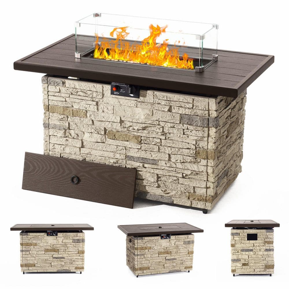 43" Buff Faux Stone Gas Fire Pit Table with Glass Wind Guard