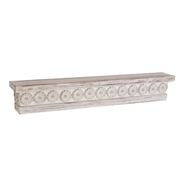 Litton Lane 36 in.  x 6 in. White Intricate Carved 1 Shelf Wood Floral Wall Shelf