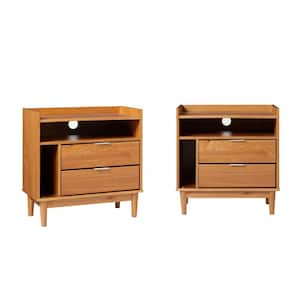 2-Drawer Caramel Set of 2 Solid Wood Mid-Century Modern Nightstands with Tray Top [25.5 in. H x 25 in. W x 16 in. D]