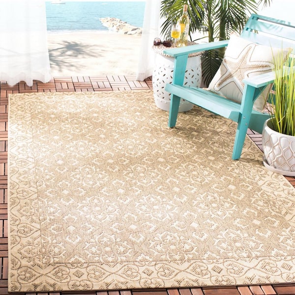 Courtyard Brown/Cream 5 ft. x 8 ft. Border Indoor/Outdoor Patio  Area Rug