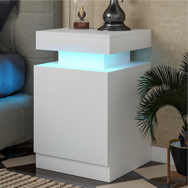 White Modern Nightstand with LED Lights Bedside Table with Storage Cabinet 2 Piece