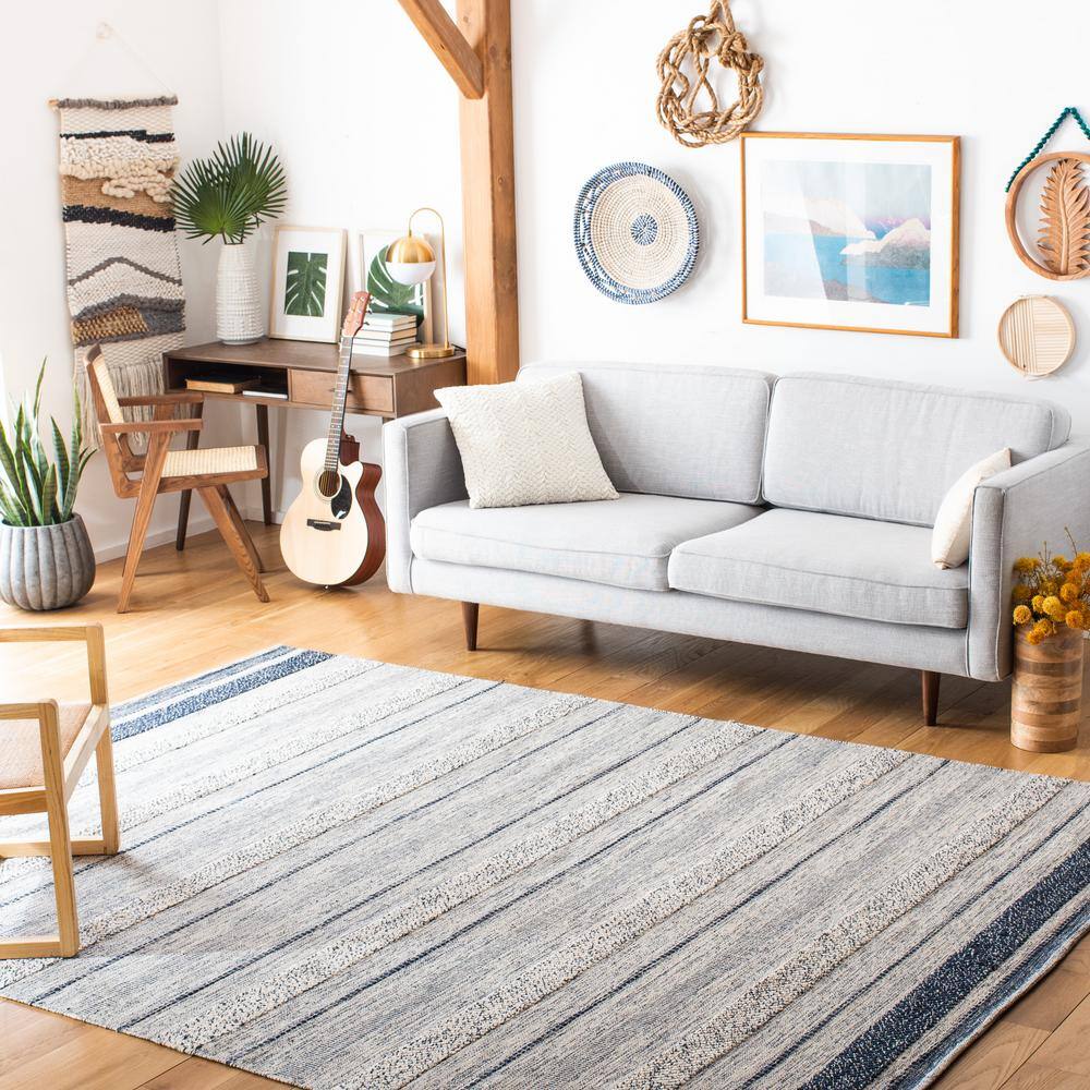 Ivory and Navy Striped Wool Cotton 8' x 10' Area Rug