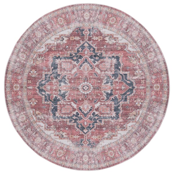 Arizona 6 ft. x 6 ft. Dark Red/Beige Machine Washable Traditional Floral Round Area Rug