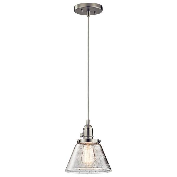 KICHLER Avery 8 in. 1-Light Brushed Nickel Farmhouse Shaded Kitchen Cone Mini Pendant Hanging Light with Clear Seeded Glass