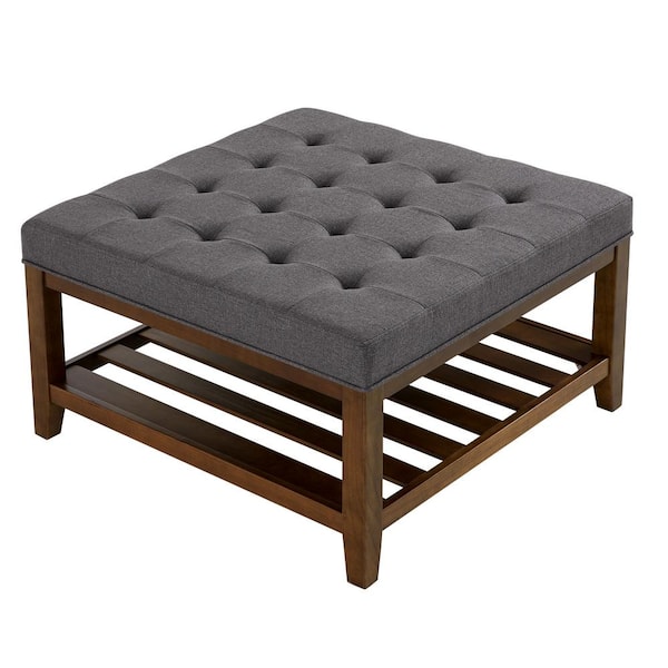 GOOD & GRACIOUS Ottoman 34 ft. x 34 ft. Drak Gray 100% Linen Tufted Farmhouse with Solid Wooden Shelf