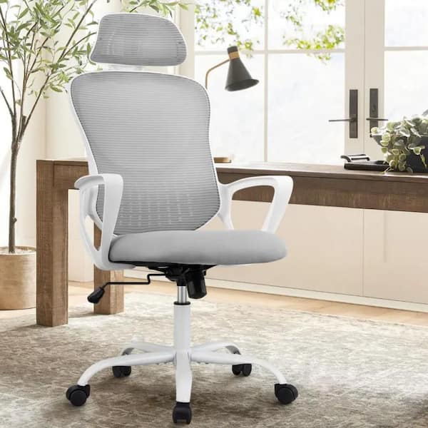WONDER COMFORT High-Back Mesh Adjustable Headrests Ergonomic Drafting Chair Office Chairs in Gray with Fixed Arms