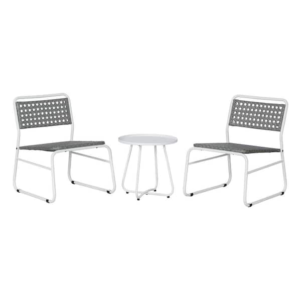 JONATHAN Y Freja 3-Piece Mid-Century Modern Faux Rattan Metal Patio Conversation Outdoor Patio Set, White/Gray