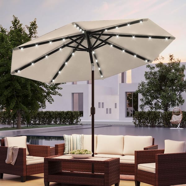 10 ft. Steel Solar Market Patio Umbrella Outdoor Table Umbrella With Tilt Button in Beige