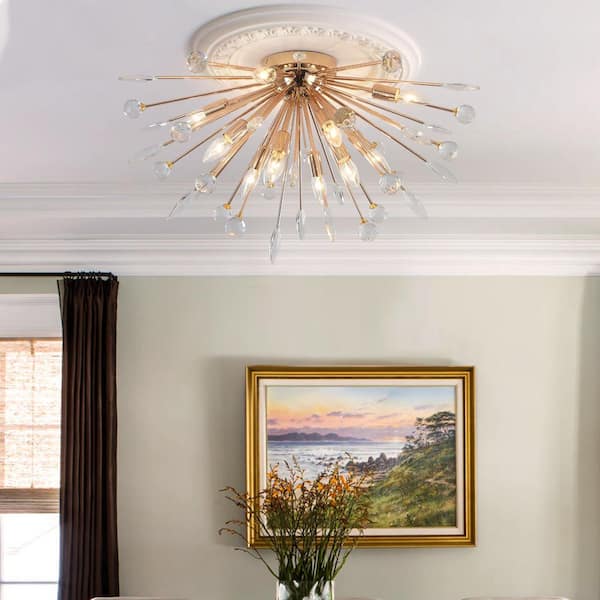 LLHZSY 31.5 in. 12-Light Gold Sputnik Firework Crystal Flush Mount Ceiling Light