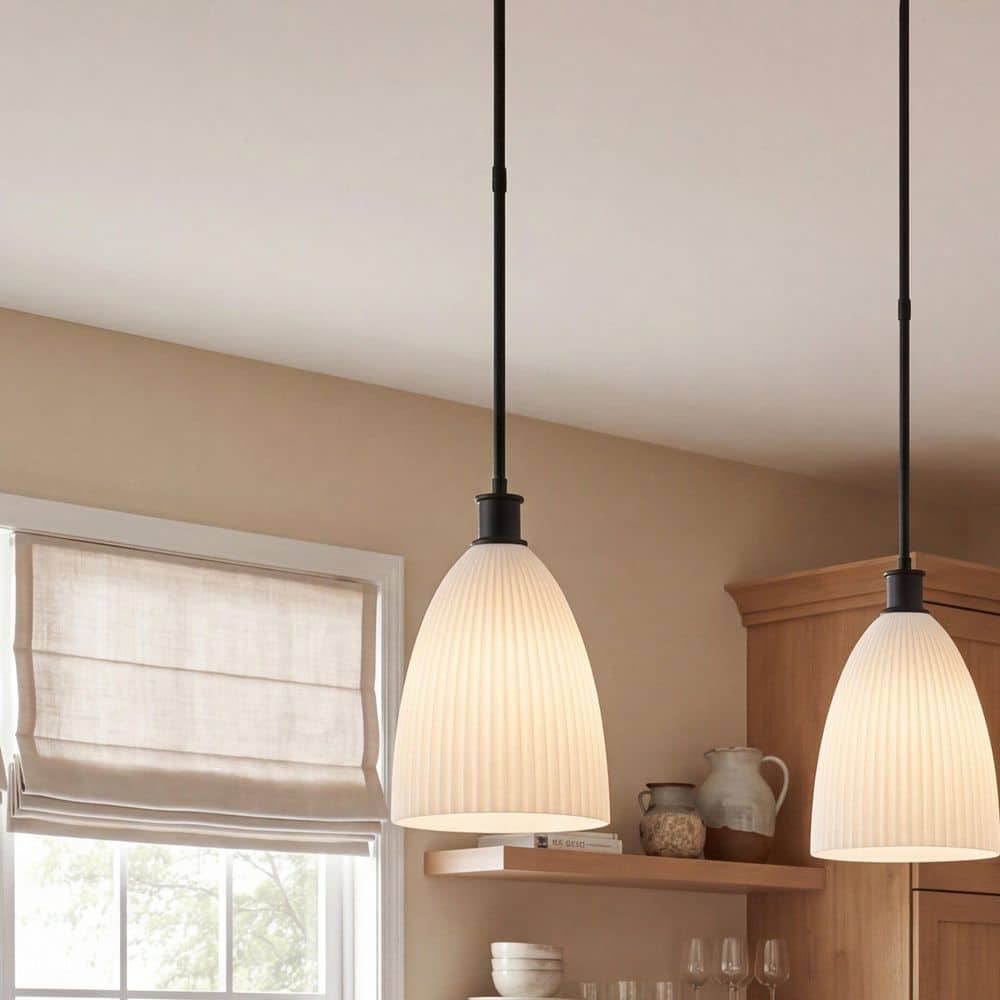 Baldwin 10 in. W x 15.6 in. H 1-Light Matte Black Transitional Pendant Light with White Opal Ribbed Glass Shade price history on PriceWatchPro