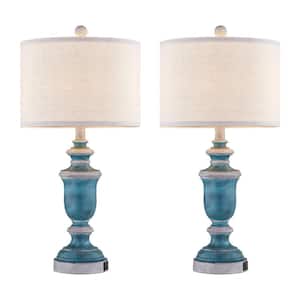 24.7 in. Distressed Blue Coastal and Nautical Table Lamp Set with USB Ports and LED bulbs (Set of 2)
