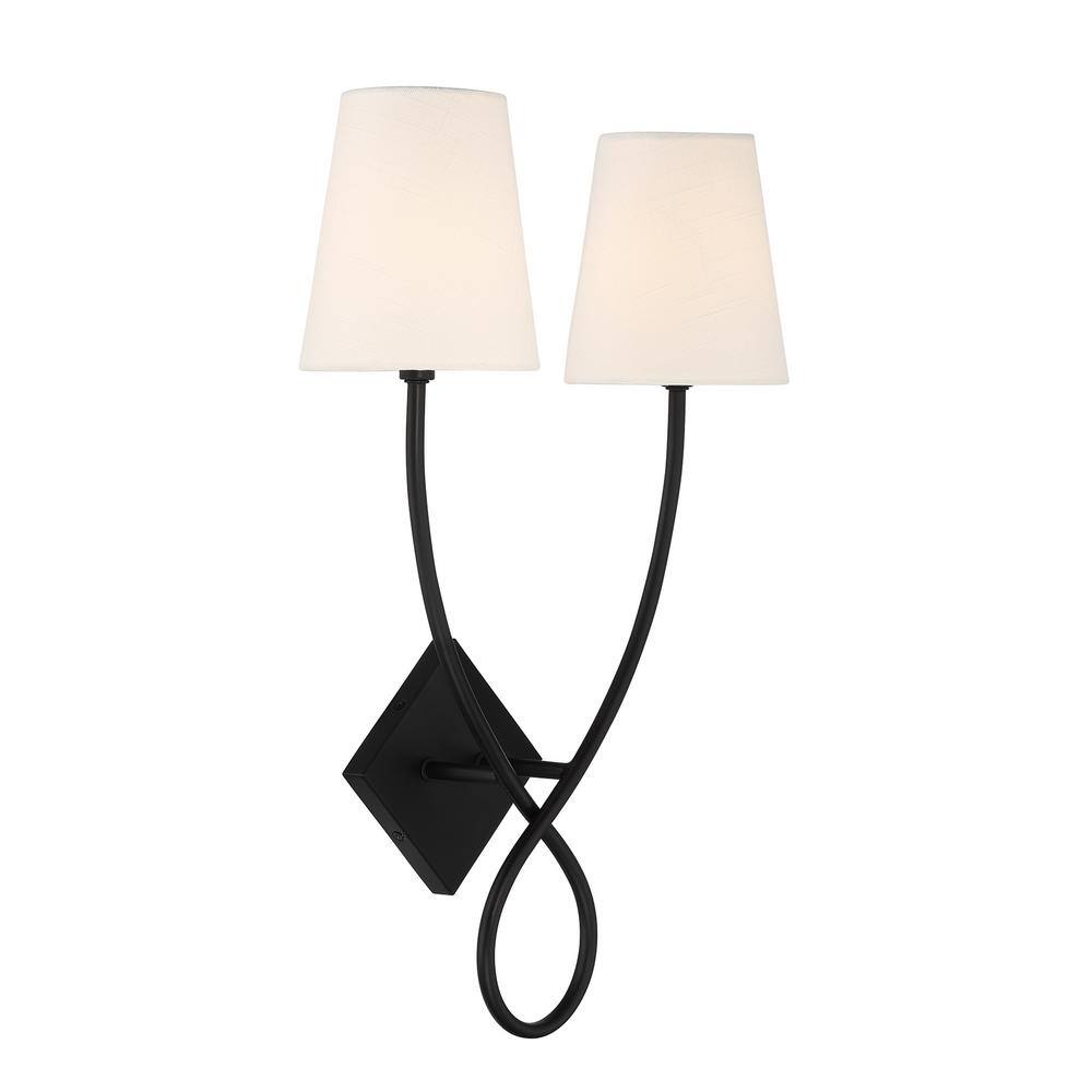 Matte Black 2-Light Wall Sconce with White Linen Shades