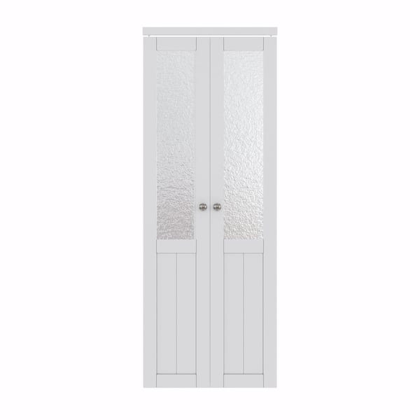 30 in. x 80 in.  Weave Glass Solid Core MDF Bi-fold Door Plus French Style Pivot Hardware (1/2-Lite White Finished)