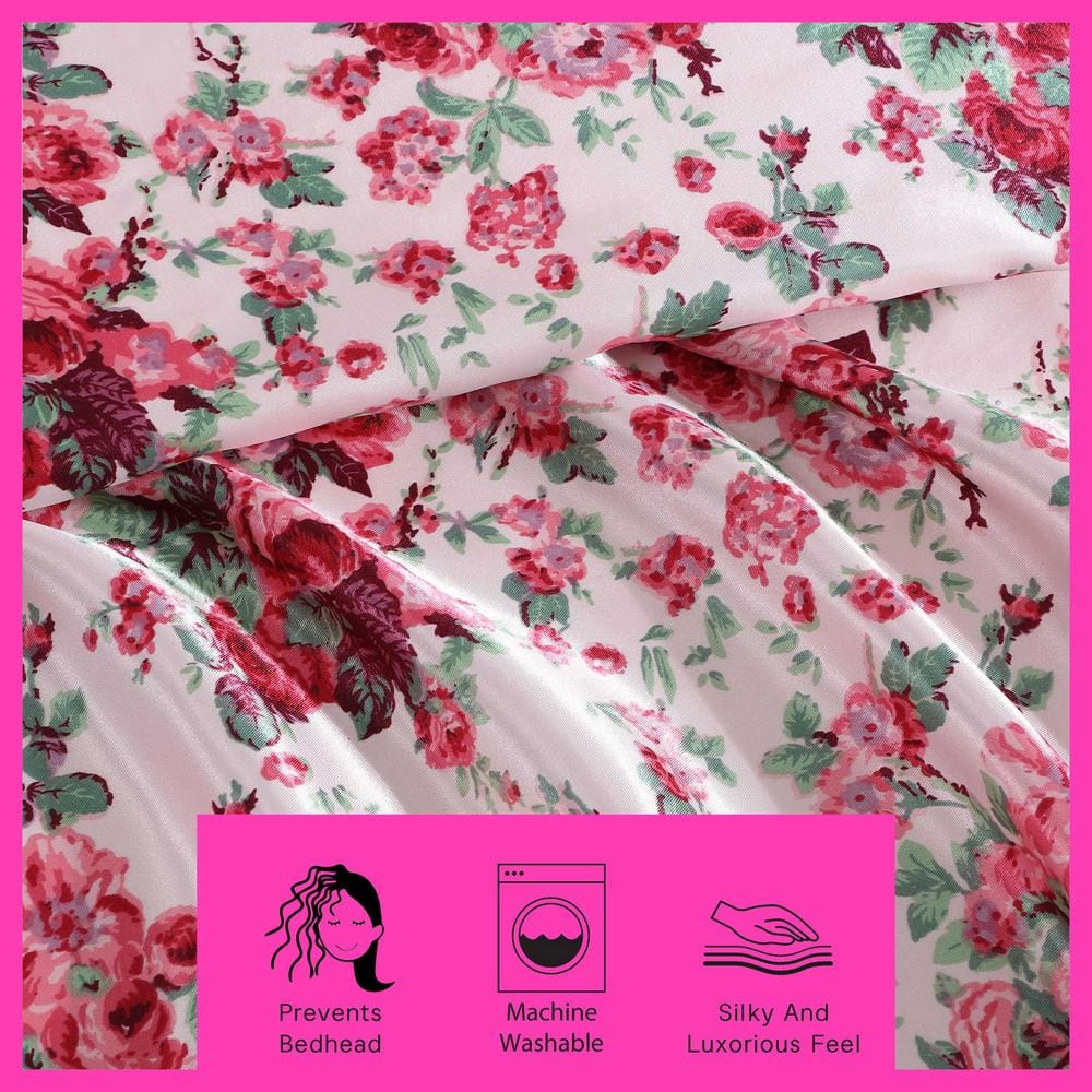 Twin Pink Satin Vintage Floral Sheet Set