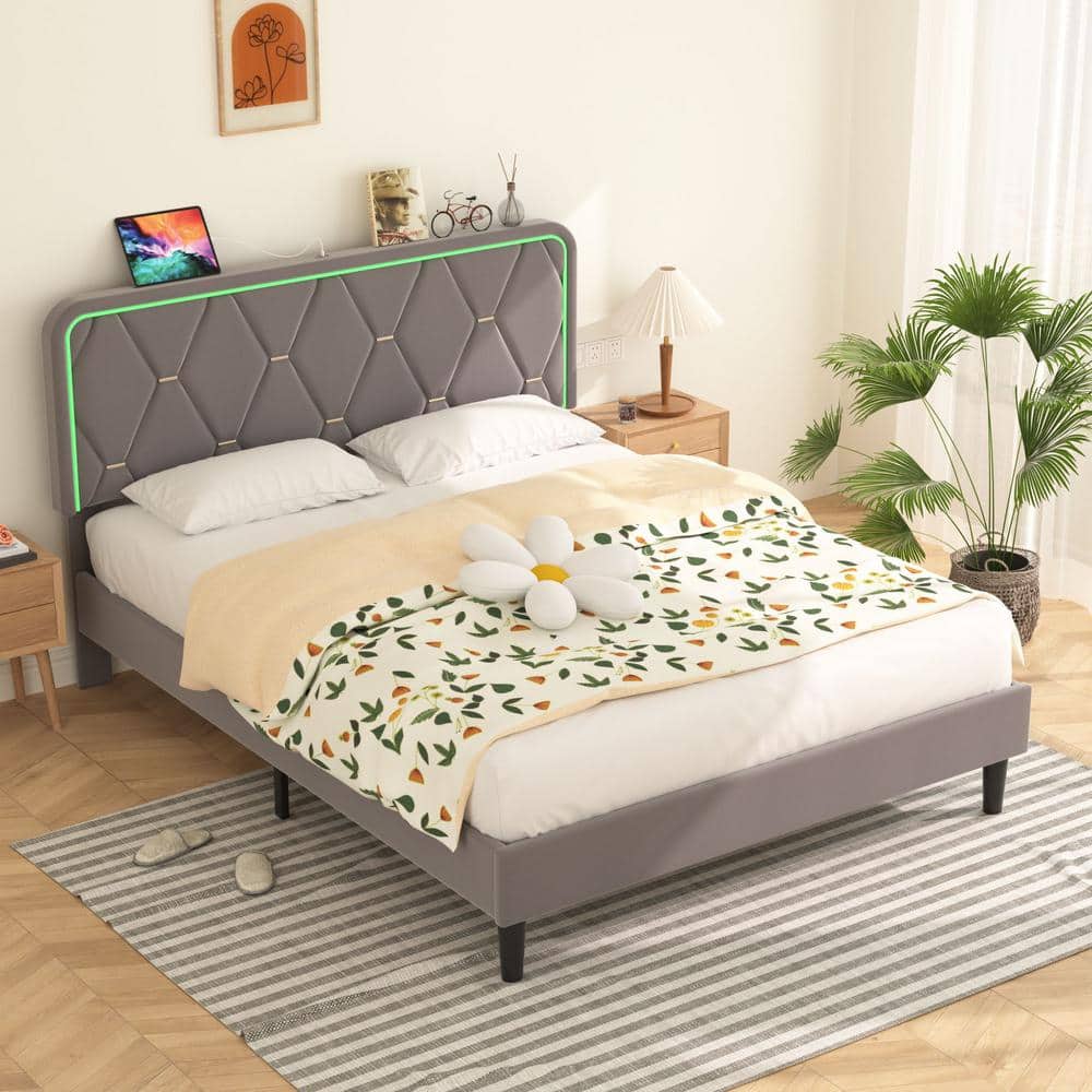 Upholstered Bed Queen Smart LED Bed Frame with Adjustable Gray Headboard, Platform Bed with Solid Wood Slats Support