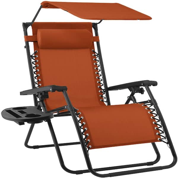 Extra Wide Folding Zero Gravity Patio Outdoor Lawn Chair with Adjustable Canopy Shade in Burnt Orange