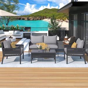 4-Piece Metal Rope Boho Patio Furniture Set Outdoor Conversation Set with Tempered Glass Table, Grey