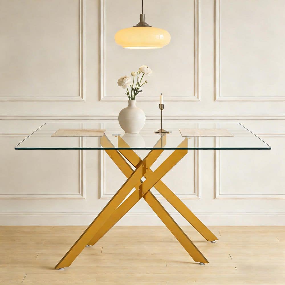 Seafuloy 51.18 in. Rectangular Clear Tempered Glass Table with Golden ...