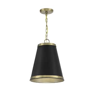 12 in. W x 14.5 in. H 1-Light Matte Black and Natural Brass Standard Pendant Light with Matte Black Metal Shade