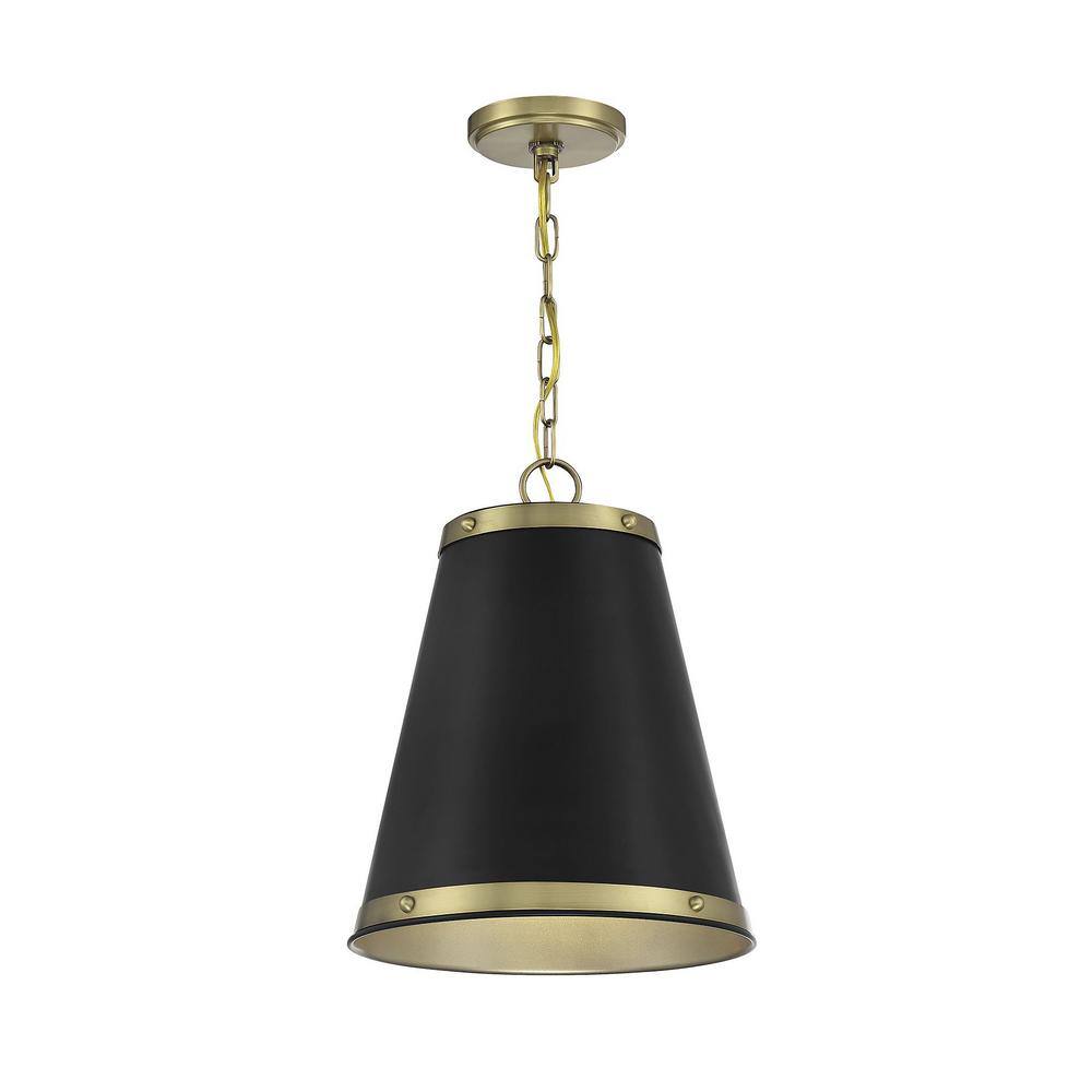 Matte Black and Natural Brass 1-Light Pendant with Glass Accents