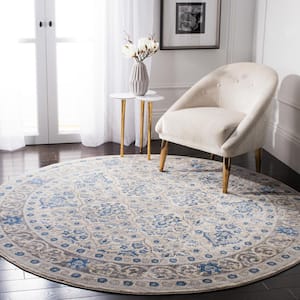 Brentwood Light Gray/Blue 3 ft. x 3 ft. Round Floral Border Geometric Area Rug