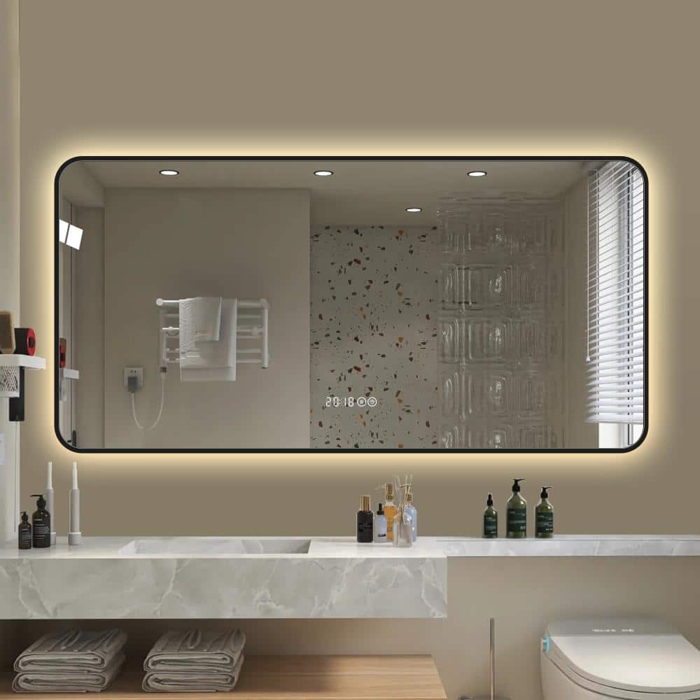 48 in. x24 in. Black Frame Wall Mirror Rounded Corners Vanity Mirror, Temperature Display, Tri-color Light, Defogging price history on PriceWatchPro