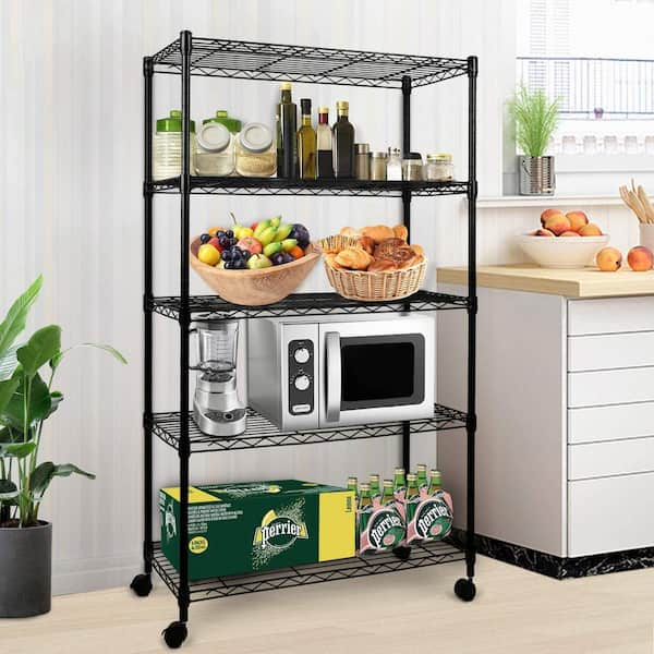 5-Tier Shelf Wire Shelving Racks with Casters Hooks Kitchen Steel Storage  Shelf Rack, Sturdy Metal Shelves Unit Organizer for Home Office 23.2 x 13.8