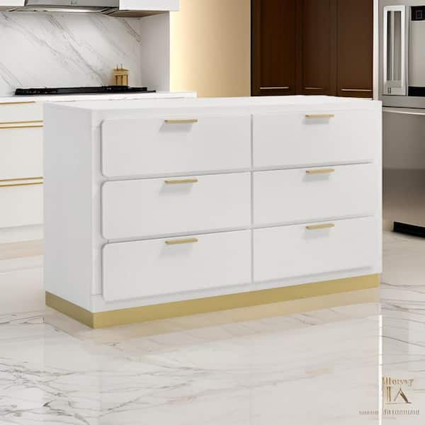 White and Gold 6 Drawer 59 in. Dresser Without Mirror