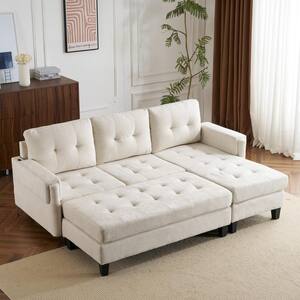 83 in. W Beige Chenille Full Size L-Shaped Sectional Couch Sofa Bed with Reversible Chaise and Movable Ottoman