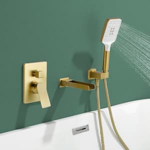 Single-Handle Wall Mount Roman Tub Faucet with Hand Shower and Waterfall in Brushed Gold