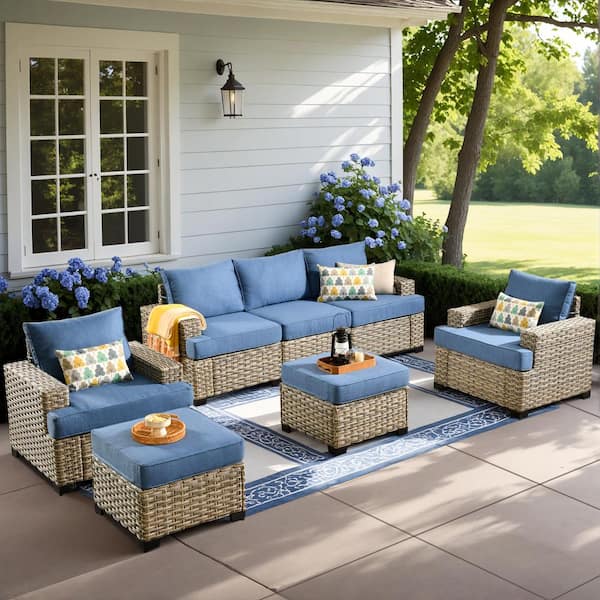 HOOOWOOO Merritt 7-Piece Wicker Modern Outdoor Patio Conversation Sofa Seating Furniture Set with Sky Blue Cushions