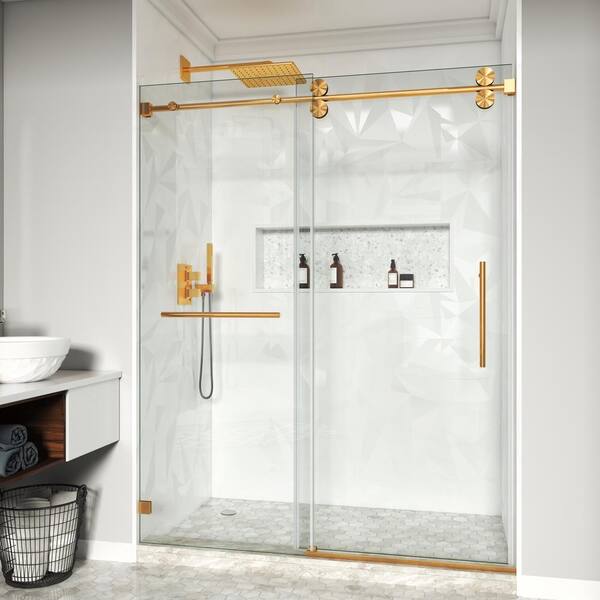 MOHALEN 56-60.5 in. W x 72 in. H Single Sliding Frameless Shower Door in Brushed Gold with 3/8 in. Clear Tempered Glass
