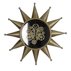 Gold and Black Analog Metal with Sunlike Star Gear Design Wall Clock