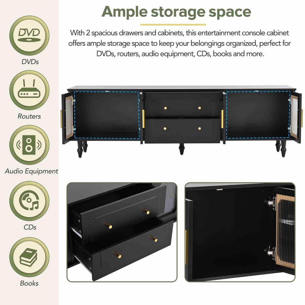 Black Fluted Glass Door TV Stand with Drawers and Cabinets
