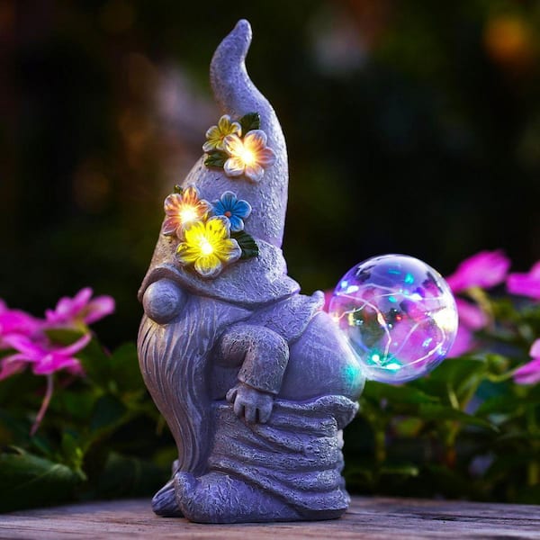 9 in. Gray Resin Solar Gnome Statue for Garden Decor-Outdoor Statue for Yard Lawn