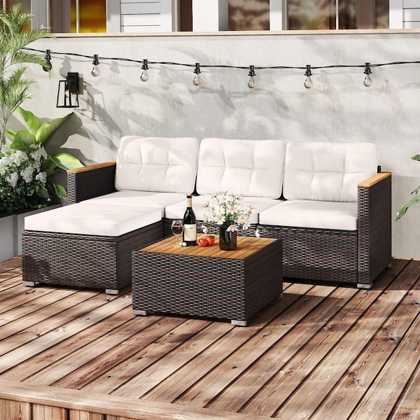 5-Piece Wicker Patio Conversation Set Set with Off White Cushions and Coffee Table