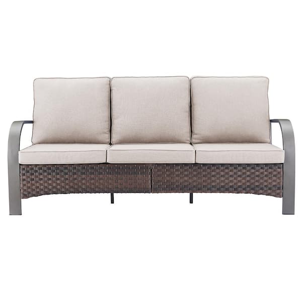 Iron Bend Series 3-Seat Brown Wicker Outdoor Patio Sofa Couch with Beige Cushions