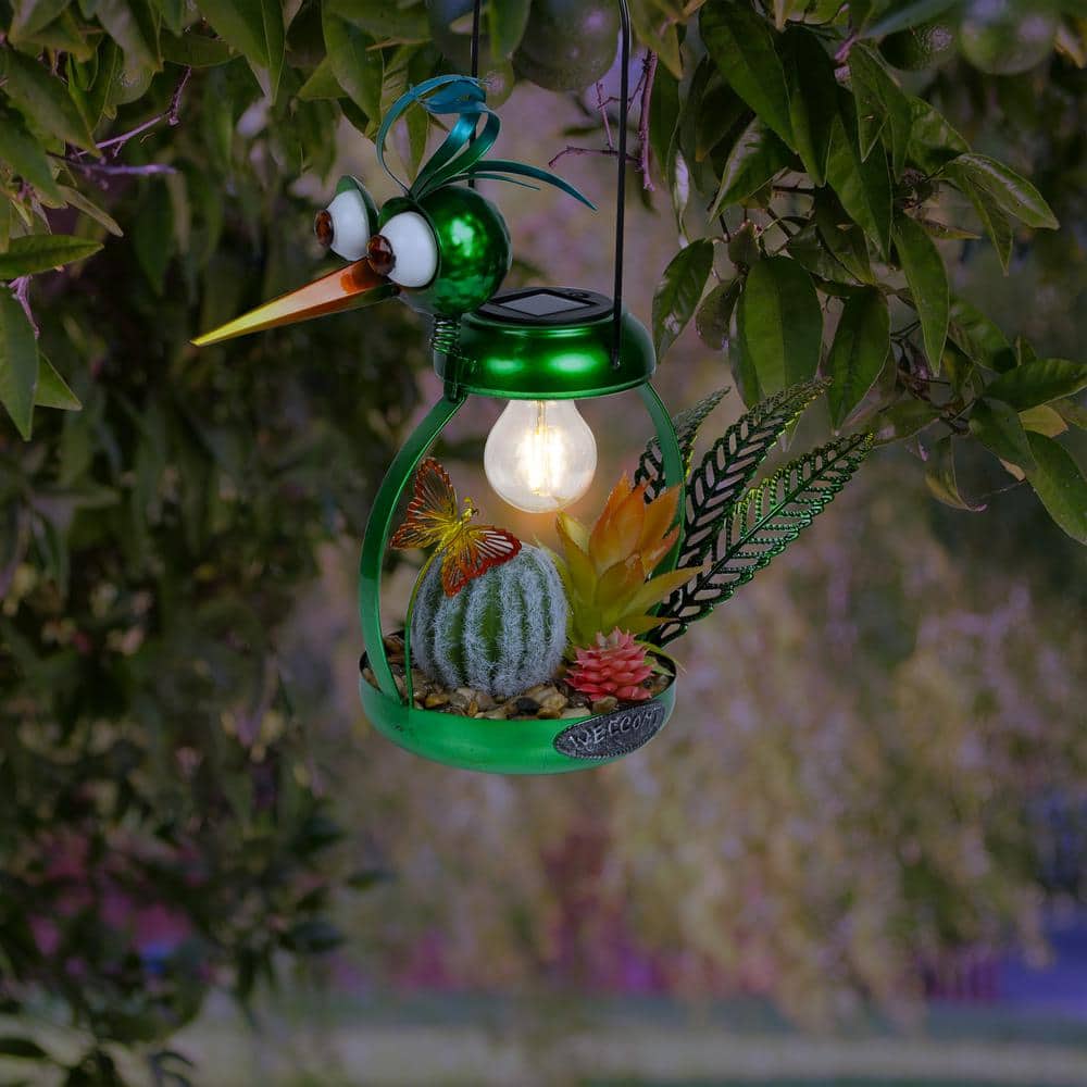 Whimsical Green Metal Heron with Solar LED Light