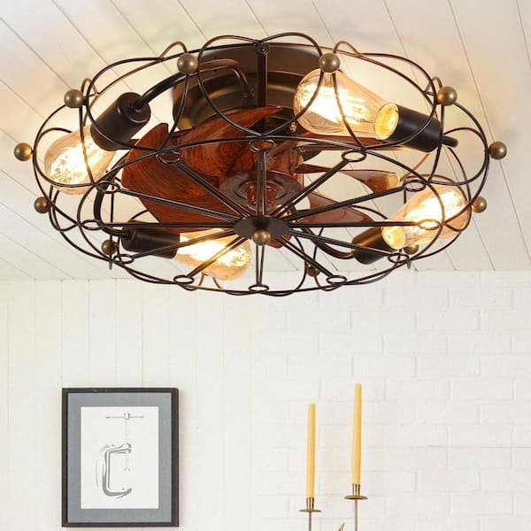 Lasaideal 20 in. 4-Light Indoor Black Farmhouse Caged Low Profile Ceiling Fan Flush Mount Remote Control with Bulbs Included