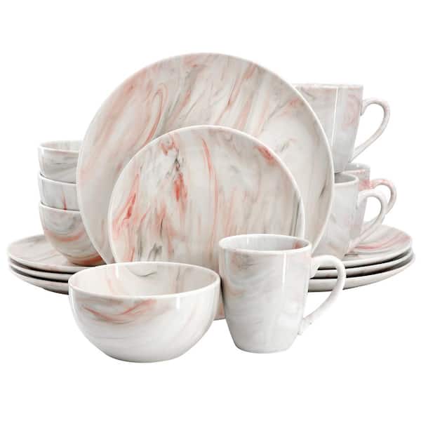 Elama Fine Marble 16-Piece Porcelain Dinnerware Set in Red and Gray