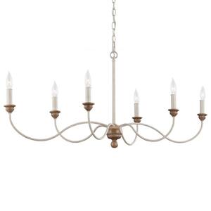 Hartsville 6-Light Chalk Washed White/Light Brown Beachwood Linear Country Coastal Farmhouse Candlestick Chandelier