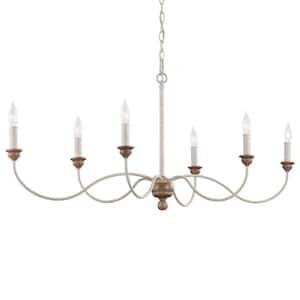 Hartsville 6-Light Chalk Washed White/Light Brown Beachwood Linear Country Coastal Farmhouse Candlestick Chandelier