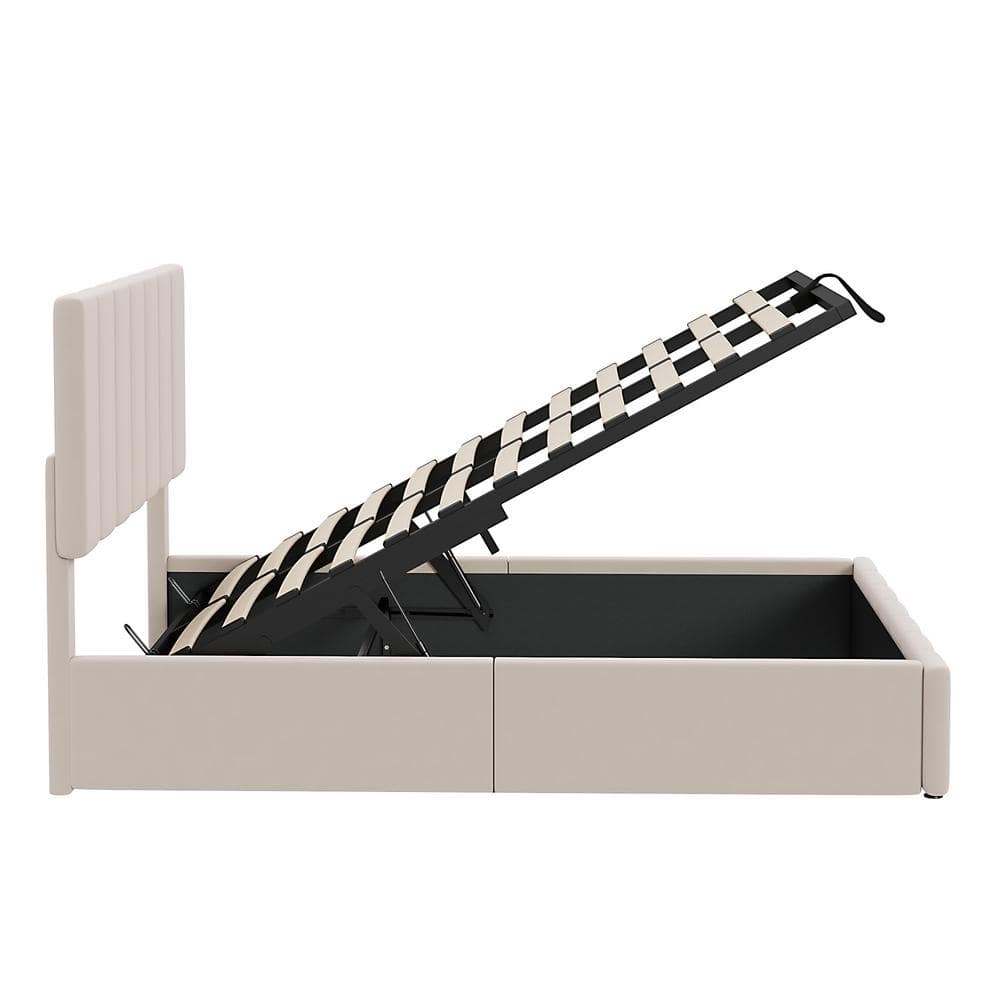 Beige Full Size Upholstered Platform Bed with Hydraulic Storage