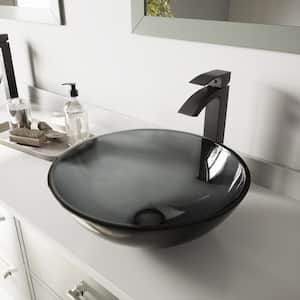 Glass Round Vessel Bathroom Sink in Sheer Black with Duris Faucet and Pop-Up Drain in Matte Black