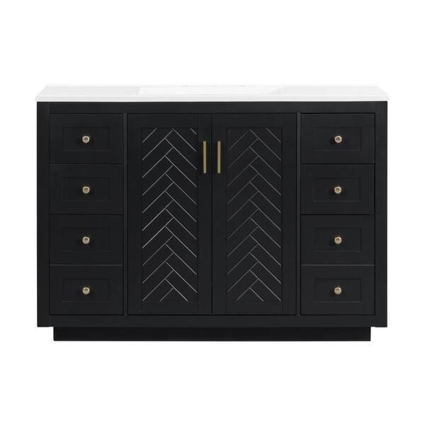 48 in. Freestanding Black Bath Vanity with White Resin Top 6 Drawers and 2 Soft-clsoe Doors